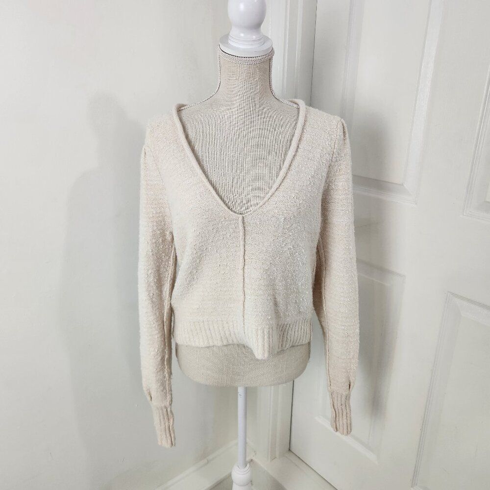 Free People Sweater Womens S Cream Reverie Fuzzy Textured Slub Cotton Oversized